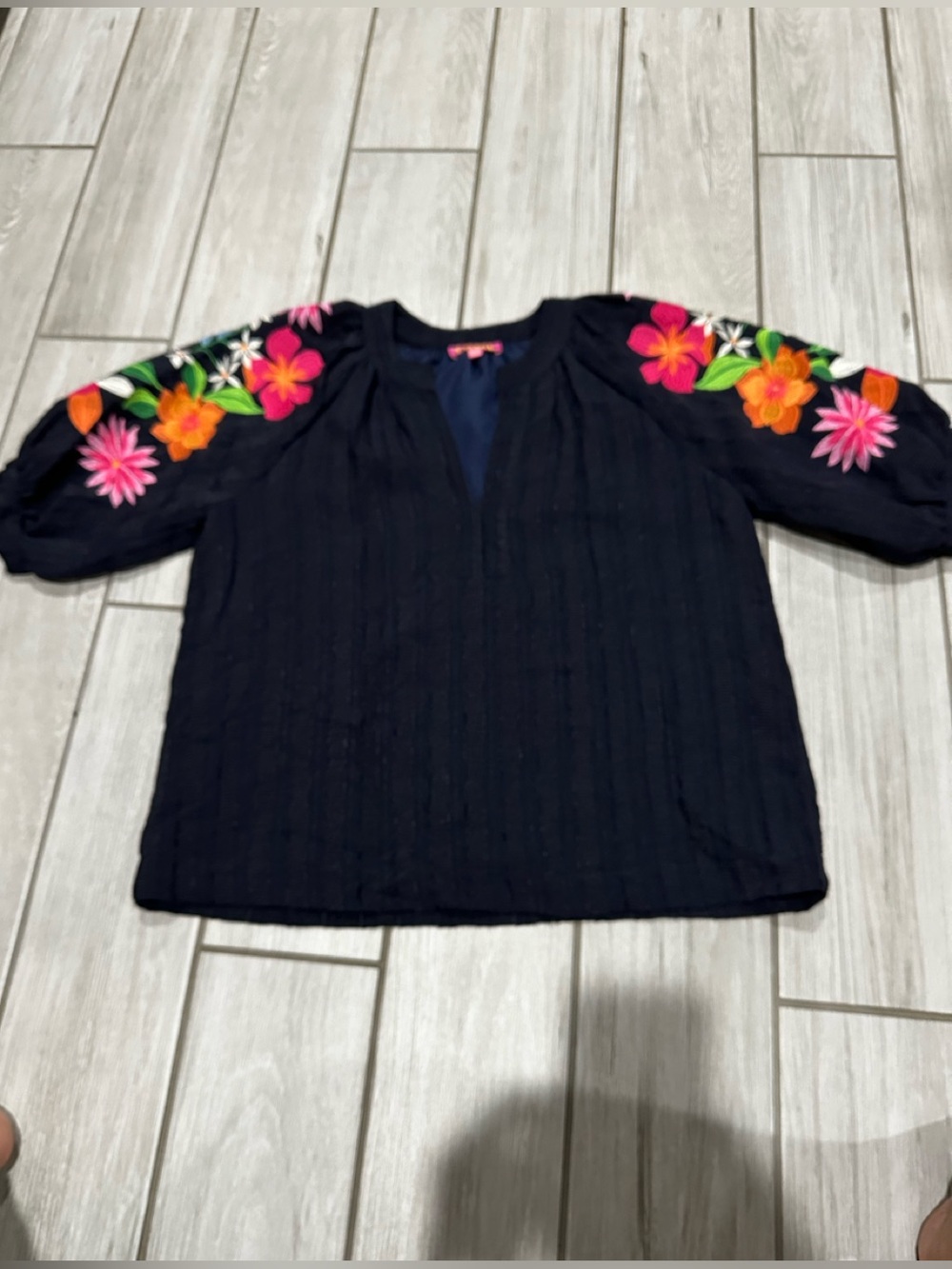 THML Navy Peasant Top with Bright Floral Embroidered Sleeves